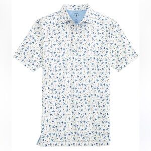 johnnie-O Top Shelf Polo Raining Birdie Pattern Sz XL White/Blue